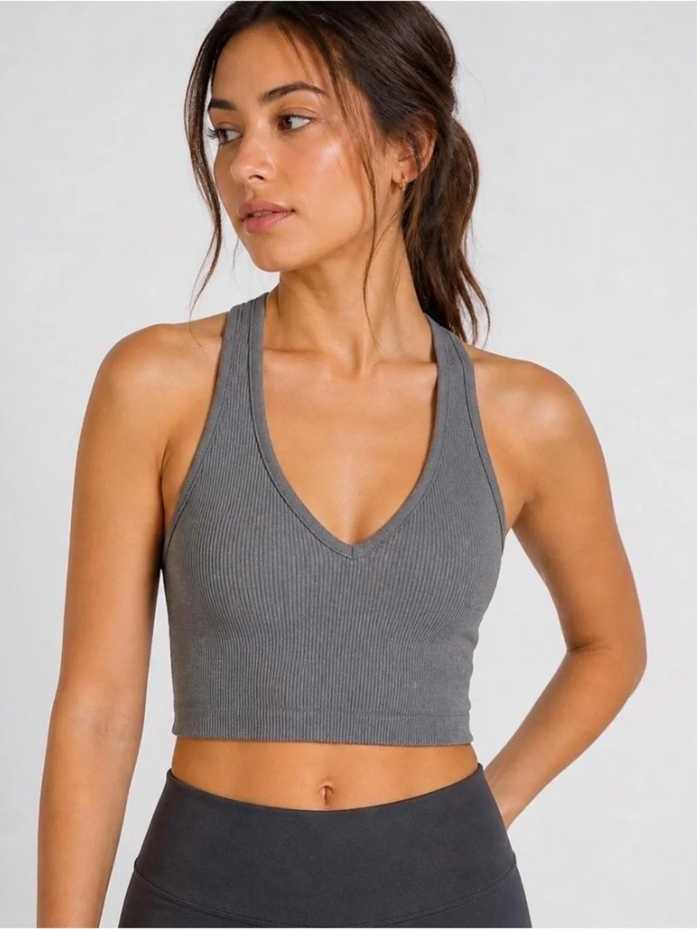 FREE PEOPLE Solid Rib Grey Cropped Tank Top - Picture 2 of 9